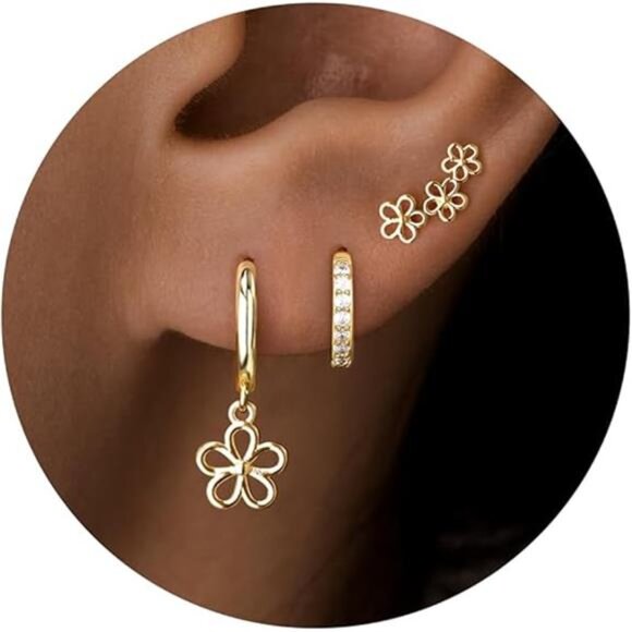 Cute Daisy Flower Earrings Set – 14K Gold Plated Cubic Zirconia Huggie - Picture 4 of 4